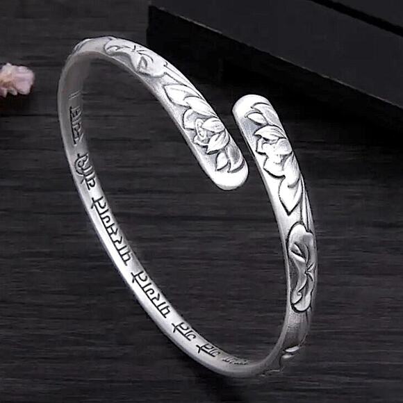 Sterling Silver Lotus Mantra Bangle Bracelet - Picture 1 of 9